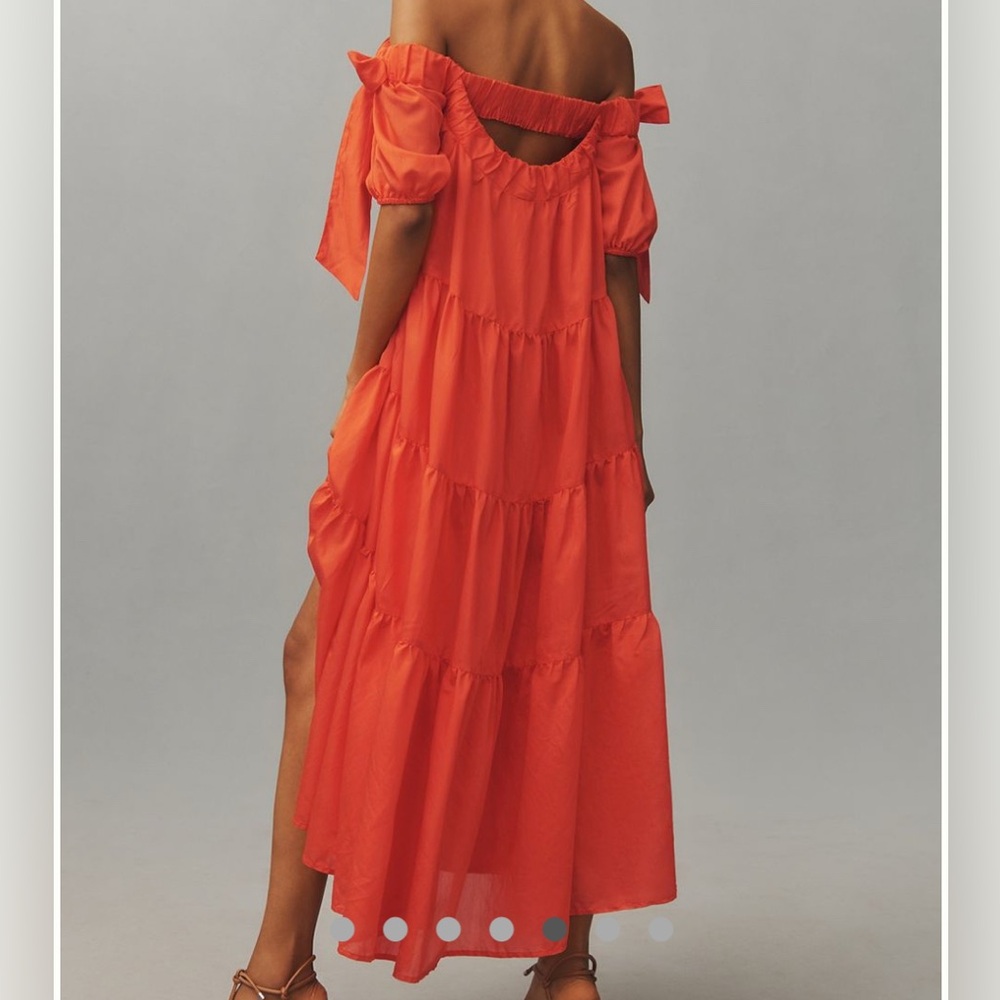 Anthropologie Dress Midi XS Coral Off The Shoulder Tiered High-Low NEW